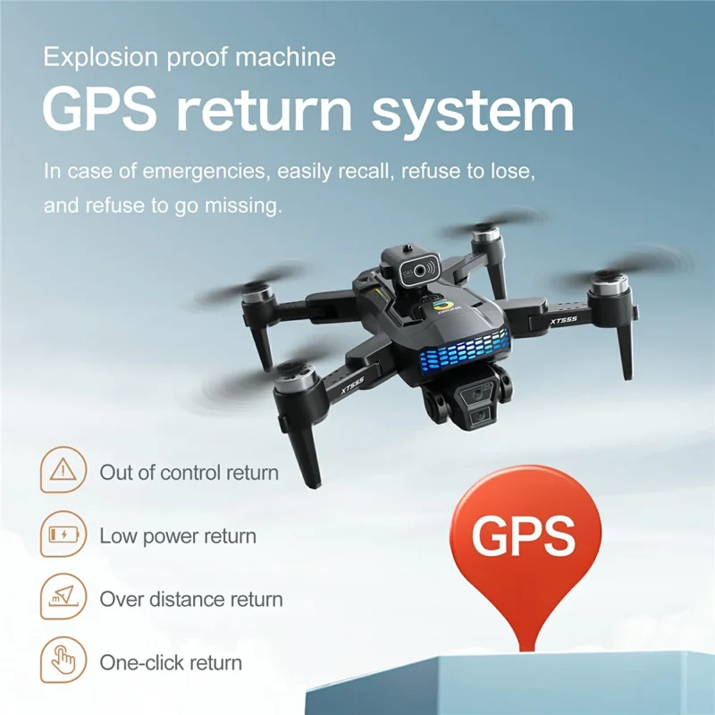 Drone RC sem escovas com GPS XT555 com 2 Baterias, Câmera Dupla, Quadricóptero Dobrável com Controlo Remoto de Ecrã de 4,5 Polegadas - Preto