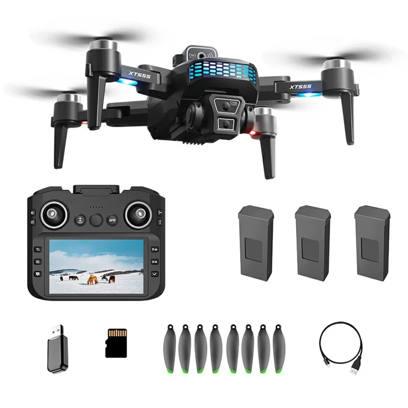 XT555 GPS Brushless RC Drone with 3 Batteries Dual Camera Foldable Quadcopter with 4.5 Inch Screen Remote - Black