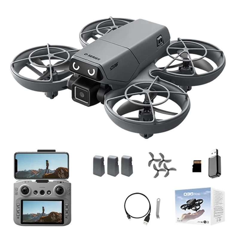 D36 Aerial Photography Drone with 3 Batteries Optical Flow Positioning FPV Camera Quadcopter with 4.3 Inch Screen Remote - Dark Grey