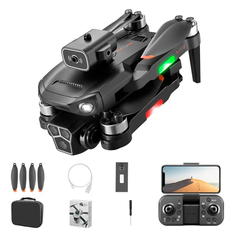 M1S vikbar drönare med 1 batteri, borstlösa motorer, optisk flödes-HD-kamera, LED-belysning, fjärrkontroll, kvadkopter - Svart