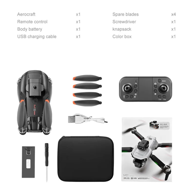 M1S vikbar drönare med 1 batteri, borstlösa motorer, optisk flödes-HD-kamera, LED-belysning, fjärrkontroll, kvadkopter - Svart