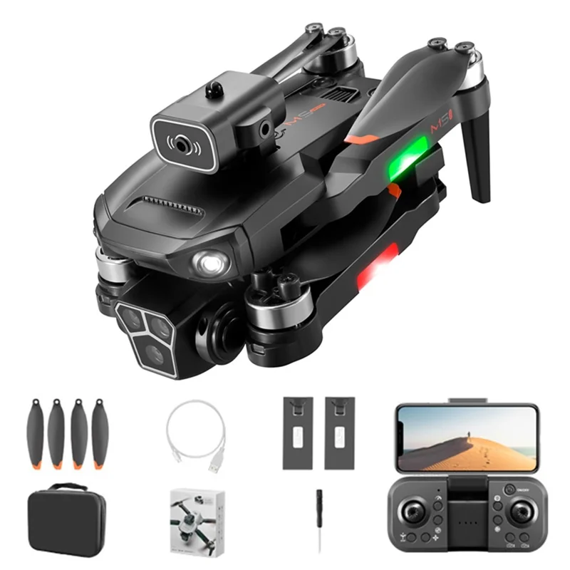 M1S vikbar drönare med dubbla batterier, borstlösa motorer, optisk flödes-HD-kamera, LED-belysning, fjärrkontroll, kvadkopter - Svart