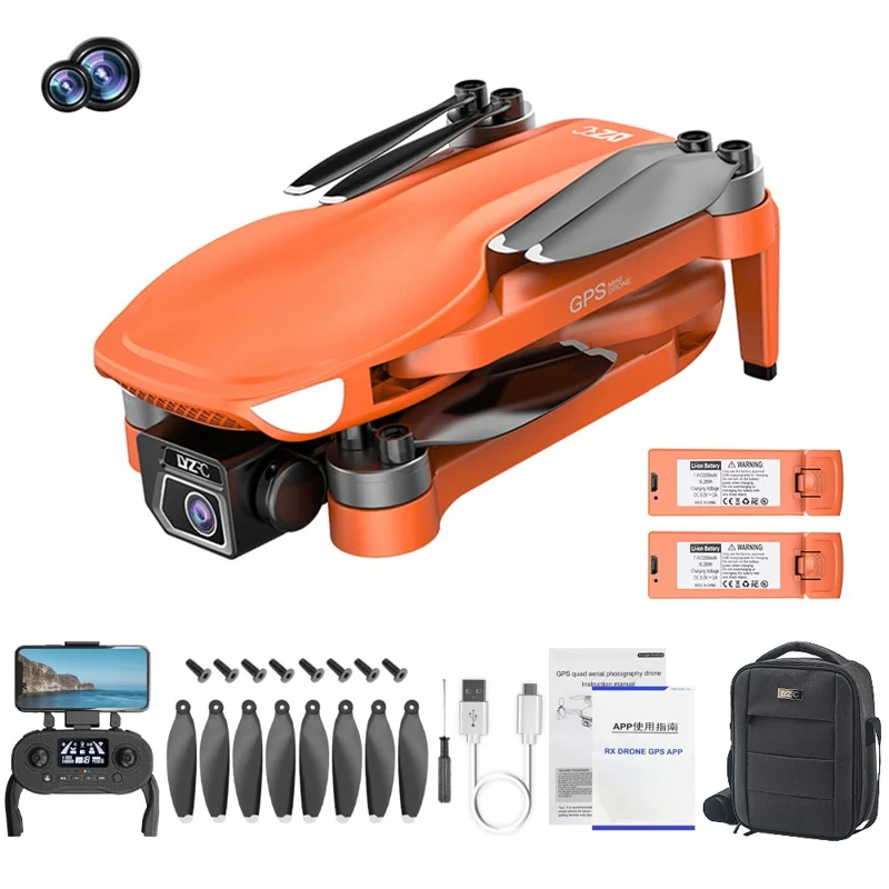 L500 Pro Brushless 4K HD Aerial Photo RC Aircraft Large Battery 5G Quadcopter GPS Folding Drone with 2 Batteries - Orange