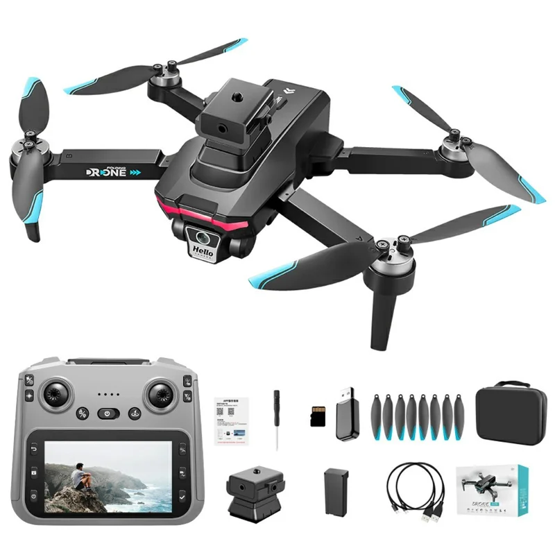 F208 Dron Plegable con 1 Batería, Evitación de Obstáculos, GPS, WiFi 5G, Cuadricóptero RC FPV con Mando a Distancia de Pantalla de 4,5 Pulgadas - Negro