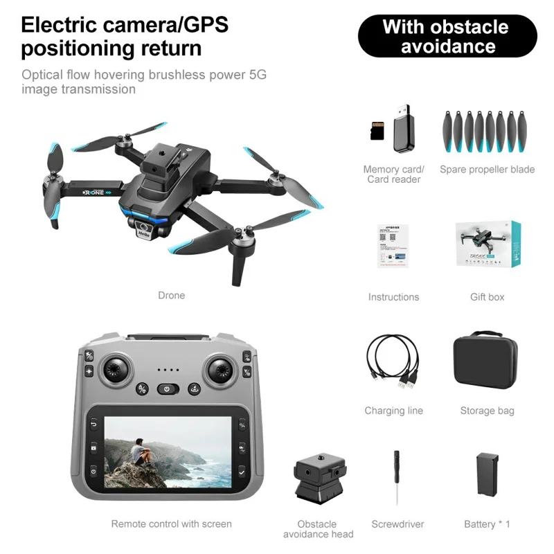 F208 Dron Plegable con 1 Batería, Evitación de Obstáculos, GPS, WiFi 5G, Cuadricóptero RC FPV con Mando a Distancia de Pantalla de 4,5 Pulgadas - Negro