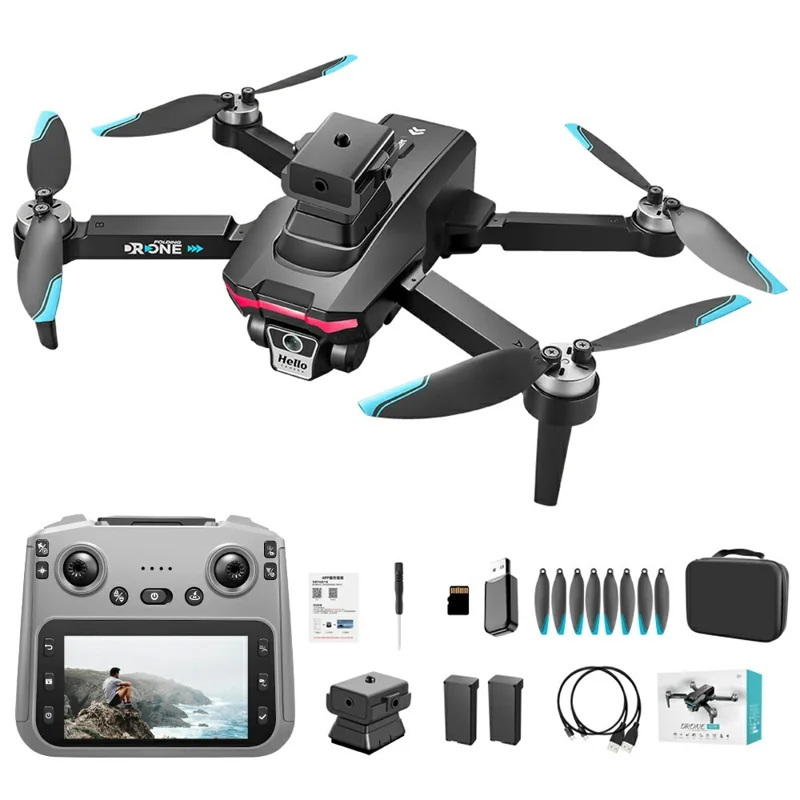 F208 Drone Plegable con 2 Baterías, Evitación de Obstáculos, GPS, WiFi 5G, Cuadricóptero RC con Pantalla de 4,5 Pulgadas - Negro