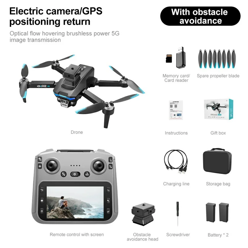 F208 Drone Plegable con 2 Baterías, Evitación de Obstáculos, GPS, WiFi 5G, Cuadricóptero RC con Pantalla de 4,5 Pulgadas - Negro
