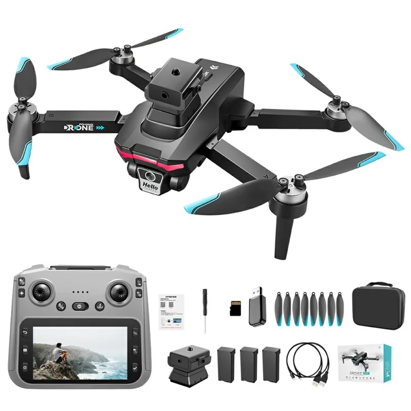F208 Dron plegable con 3 baterías, evasión de obstáculos, posicionamiento GPS, WiFi 5G, cuadricóptero RC con pantalla de 4,5 pulgadas - Negro