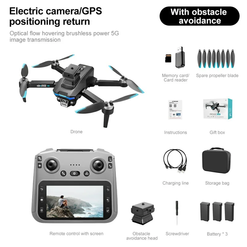 F208 Dron plegable con 3 baterías, evasión de obstáculos, posicionamiento GPS, WiFi 5G, cuadricóptero RC con pantalla de 4,5 pulgadas - Negro
