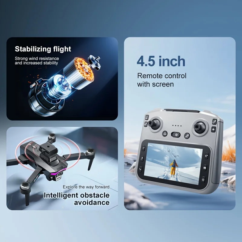 F208 Dron plegable con 3 baterías, evasión de obstáculos, posicionamiento GPS, WiFi 5G, cuadricóptero RC con pantalla de 4,5 pulgadas - Negro