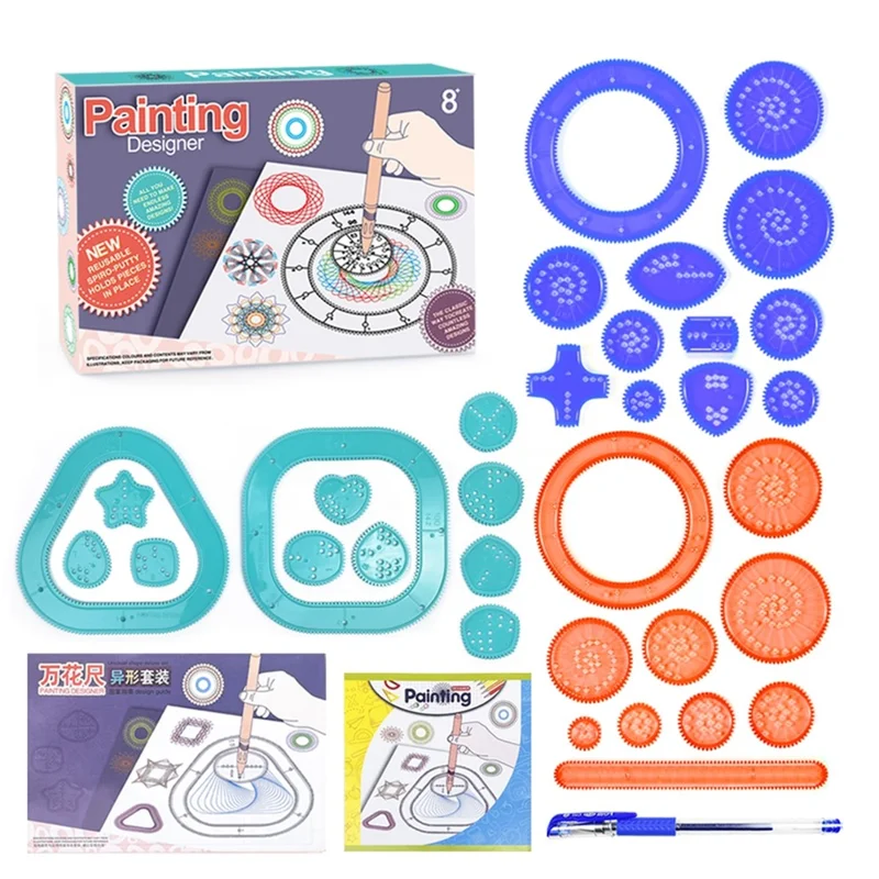 WH3336D Набор для рисования спирографа 37 шт., детский художественный набор для рисования, творческий конструктор с шестеренками, линейка, шаблоны, творческая развивающая игрушка
