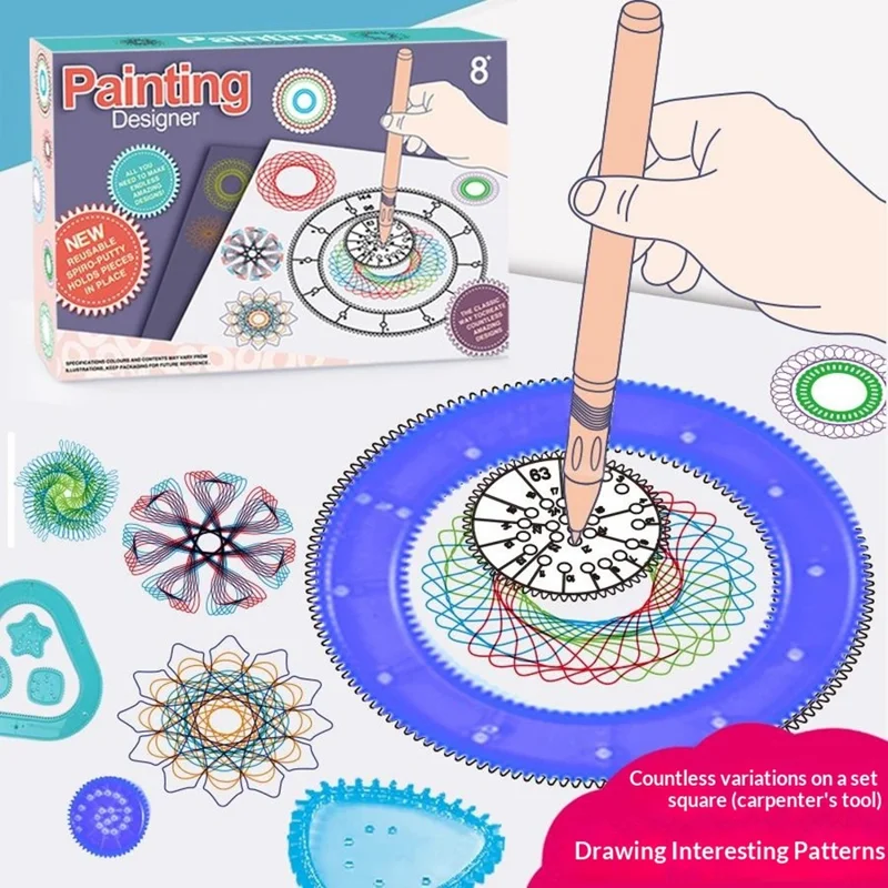 WH3336D Набор для рисования спирографа 37 шт., детский художественный набор для рисования, творческий конструктор с шестеренками, линейка, шаблоны, творческая развивающая игрушка