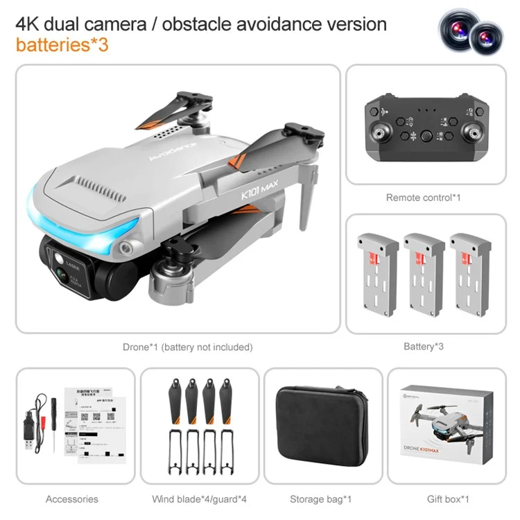 K101 MAX 4K HD Камера RC Quadcopter 3-way Obstacle Avoidance Aerial Photography Drone Toy (Optical Flow Positioning + ESC + 3 Batteries) - Серый