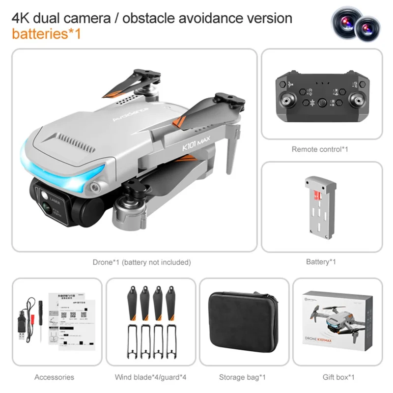 K101 MAX Mini Foldable Drone 4K Dual Camera 3-way Obstacle Avoidance RC Quadcopter (Optical Flow Positioning + ESC + 1 Battery) - Grey