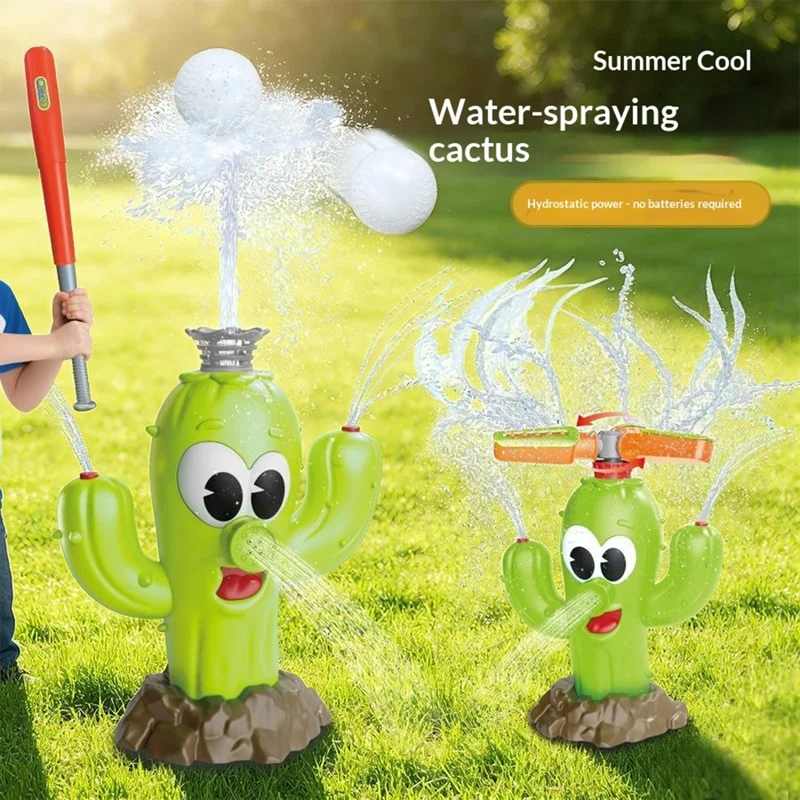 DB25818 Cactus-Shaped Water Sprinkler Toy with Baseball Set Automatic Rotating Spray Water Play Toy for Outdoor