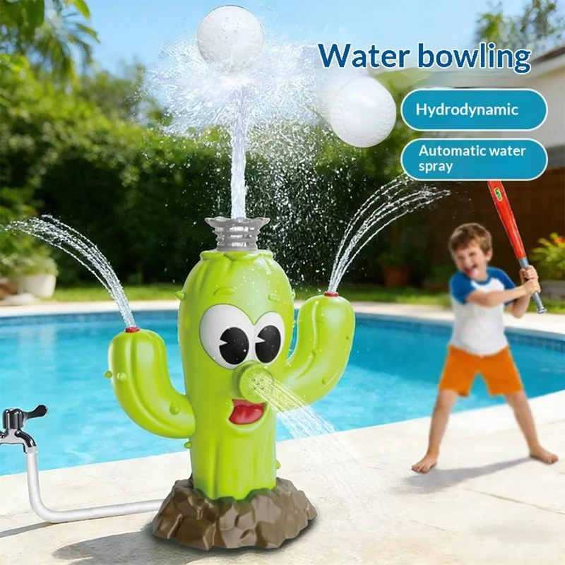 DB25818 Cactus-Shaped Water Sprinkler Toy with Baseball Set Automatic Rotating Spray Water Play Toy for Outdoor