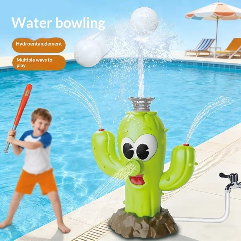 DB25818 Cactus-Shaped Water Sprinkler Toy with Baseball Set Automatic Rotating Spray Water Play Toy for Outdoor