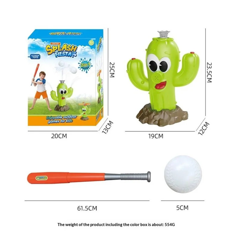 DB25818 Cactus-Shaped Water Sprinkler Toy with Baseball Set Automatic Rotating Spray Water Play Toy for Outdoor