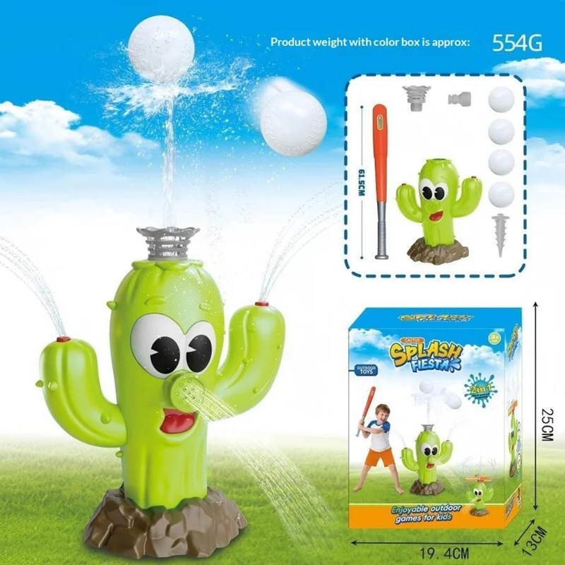 DB25818 Cactus-Shaped Water Sprinkler Toy with Baseball Set Automatic Rotating Spray Water Play Toy for Outdoor