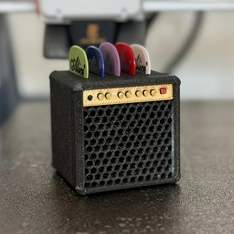 Ukulele Guitar Pick Storage Box Amp Shaped Desktop Organizer Holder Mini Speaker Case with 5 Picks - Black