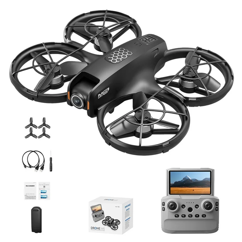 Drone M5 com 1 Bateria, Posicionamento por Fluxo Ótico, Motor sem Escovas, Quadricóptero com Controlador com Ecrã Retrátil de 4,3 Polegadas - Preto