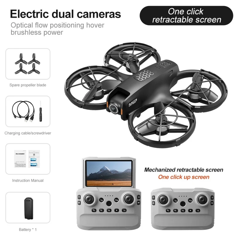 Drone M5 com 1 Bateria, Posicionamento por Fluxo Ótico, Motor sem Escovas, Quadricóptero com Controlador com Ecrã Retrátil de 4,3 Polegadas - Preto