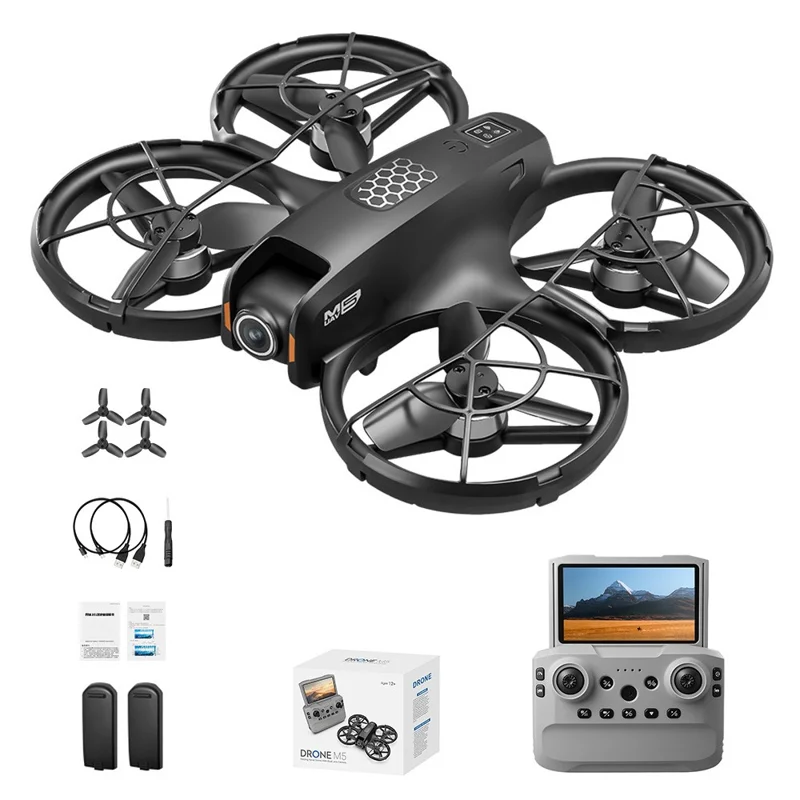 Drone M5 com 2 Baterias, Posicionamento por Fluxo Ótico, Motor sem Escovas, Quadricóptero com Controlador com Ecrã Recolhível de 4,3 Polegadas - Preto