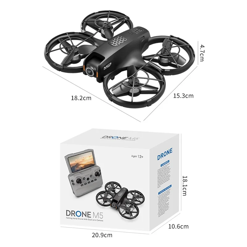 Drone M5 com 2 Baterias, Posicionamento por Fluxo Ótico, Motor sem Escovas, Quadricóptero com Controlador com Ecrã Recolhível de 4,3 Polegadas - Preto