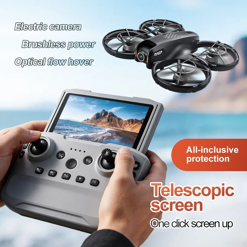 Drone M5 com 2 Baterias, Posicionamento por Fluxo Ótico, Motor sem Escovas, Quadricóptero com Controlador com Ecrã Recolhível de 4,3 Polegadas - Preto