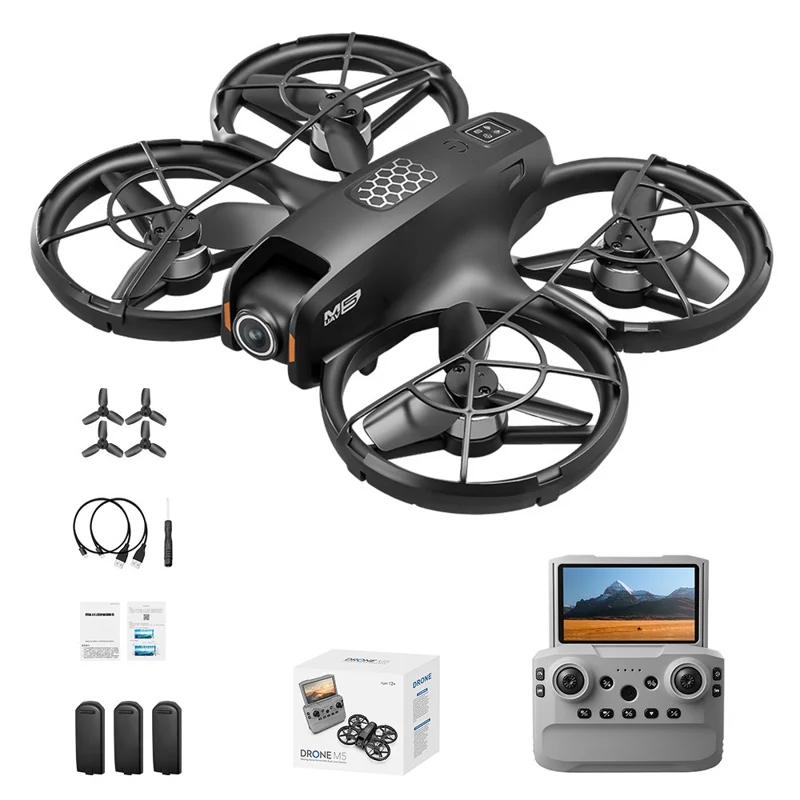Drone M5 com 3 Baterias, Posicionamento por Fluxo Ótico, Motor sem Escovas, Quadricóptero com Controlador com Ecrã Retrátil de 4,3 Polegadas - Preto