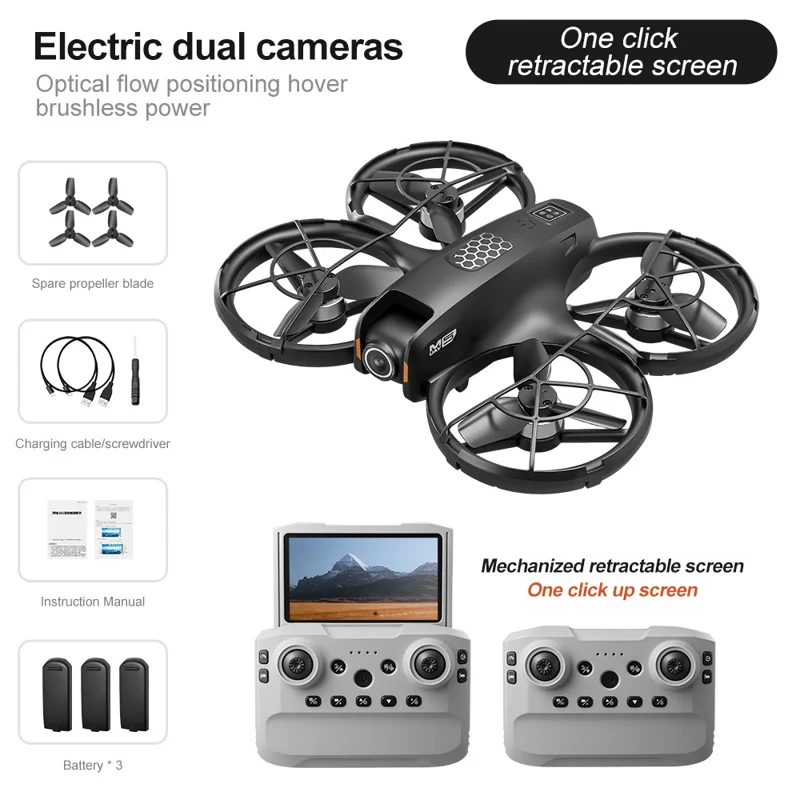 Drone M5 com 3 Baterias, Posicionamento por Fluxo Ótico, Motor sem Escovas, Quadricóptero com Controlador com Ecrã Retrátil de 4,3 Polegadas - Preto