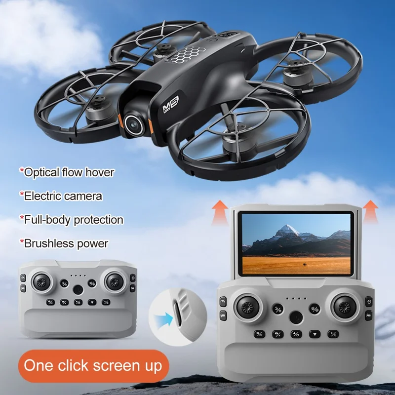 Drone M5 com 3 Baterias, Posicionamento por Fluxo Ótico, Motor sem Escovas, Quadricóptero com Controlador com Ecrã Retrátil de 4,3 Polegadas - Preto