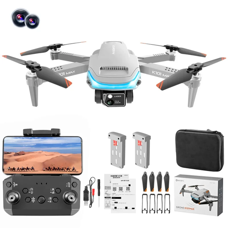 K101 MAX Mini Aerial Drone 4K Dual Camera 3-way Obstacle Avoidance Foldable RC Quadcopter (Optical Flow Positioning + ESC + 2 Batteries) - Grey