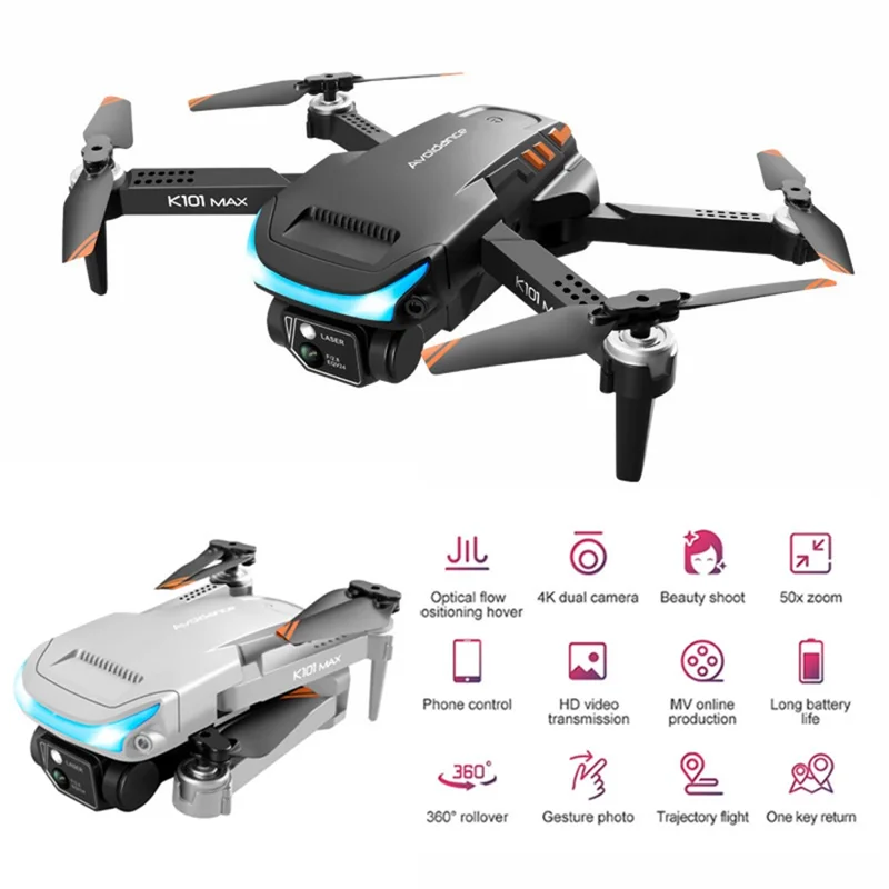 K101 MAX Mini Aerial Drone 4K Dual Camera 3-way Obstacle Avoidance Foldable RC Quadcopter (Optical Flow Positioning + ESC + 2 Batteries) - Grey