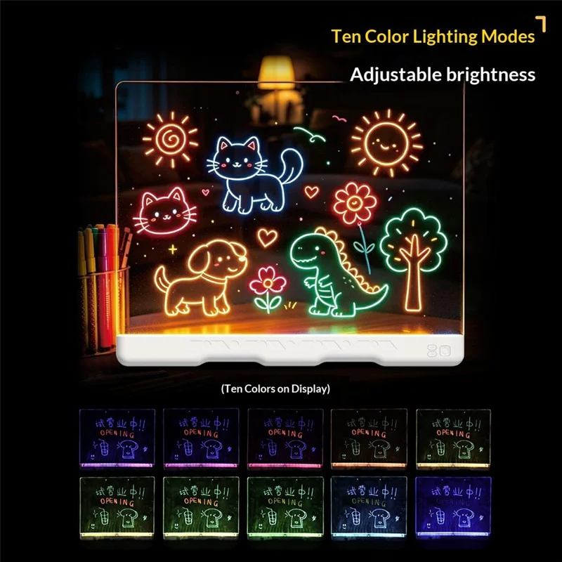 SJL9619 لوحة رسم LED قابلة لإعادة الشحن، لوحة إضاءة شفافة من الأكريليك بألوان متعددة للاطفال - 10 ألوان