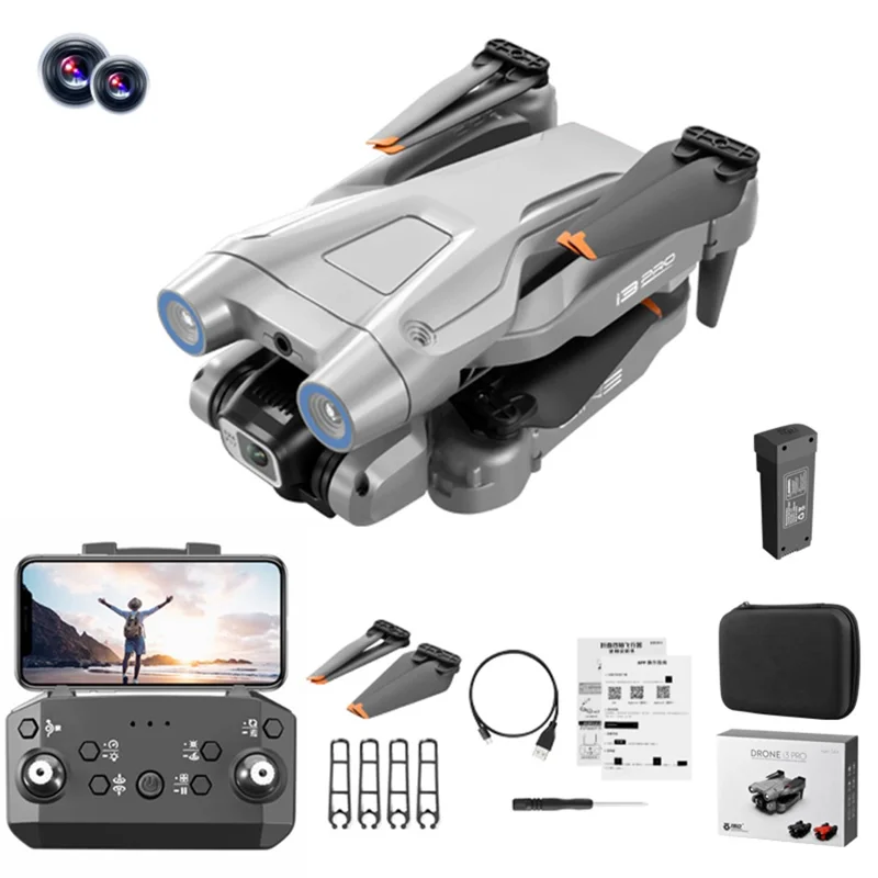 I3 Pro 4K HD طائرة بدون طيار للتصوير الجوي طراز RC مع تحديد المواقع بالتدفق الضوئي، رباعية المراوح، طائرة بتجنب العوائق، بطارية واحدة - رمادي