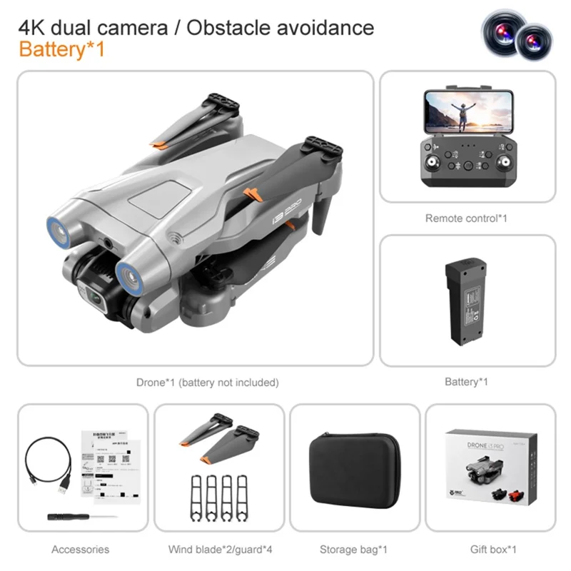 I3 Pro 4K HD طائرة بدون طيار للتصوير الجوي طراز RC مع تحديد المواقع بالتدفق الضوئي، رباعية المراوح، طائرة بتجنب العوائق، بطارية واحدة - رمادي