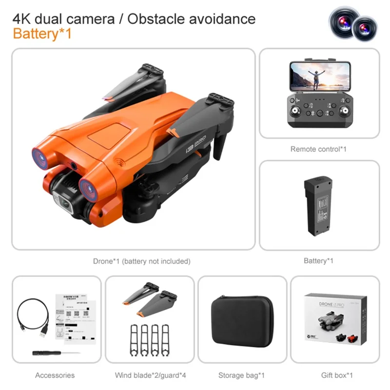I3 Pro 4K HD Aerial Photography RC Drone Optical Flow Positioning Quadcopter Obstacle Avoidance Aircraft, 1 Battery - Orange