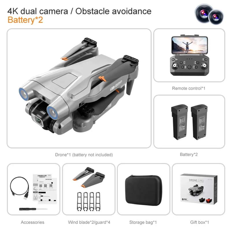 I3 Pro Obstacle Avoidance 4K HD Aerial Photo Drone Folding RC Aircraft Optical Flow Positioning Quadcopter, 2 Batteries - Grey