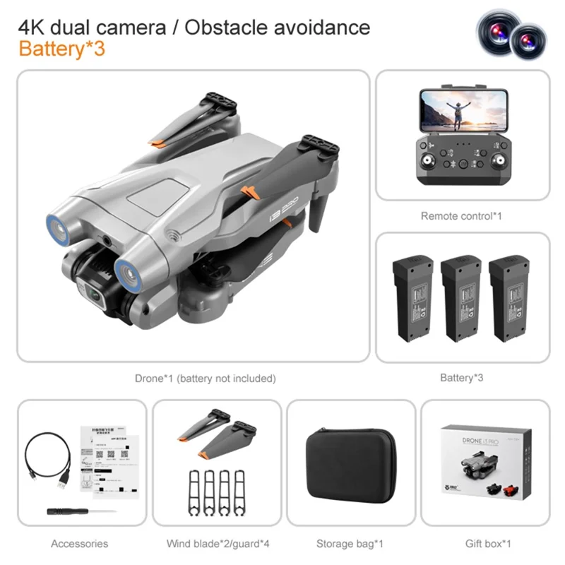 I3 Pro 4K HD Photo Aerial Aircraft Optical Flow Positioning RC Drone Obstacle Avoidance Folding Quadcopter, 3 Batteries - Grey