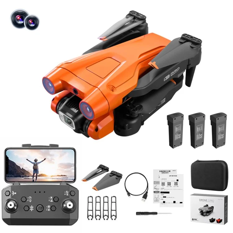 I3 Pro 4K HD Foto Drohne mit optischer Flusspositionierung, Hinderniserkennung und Faltfunktion, 3 Akkus - Orange 