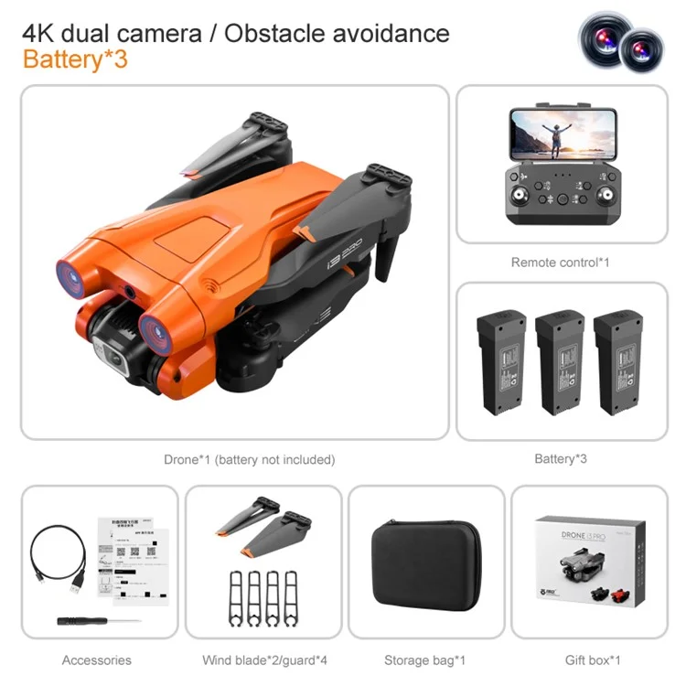 I3 Pro 4K HD Foto Drohne mit optischer Flusspositionierung, Hinderniserkennung und Faltfunktion, 3 Akkus - Orange 