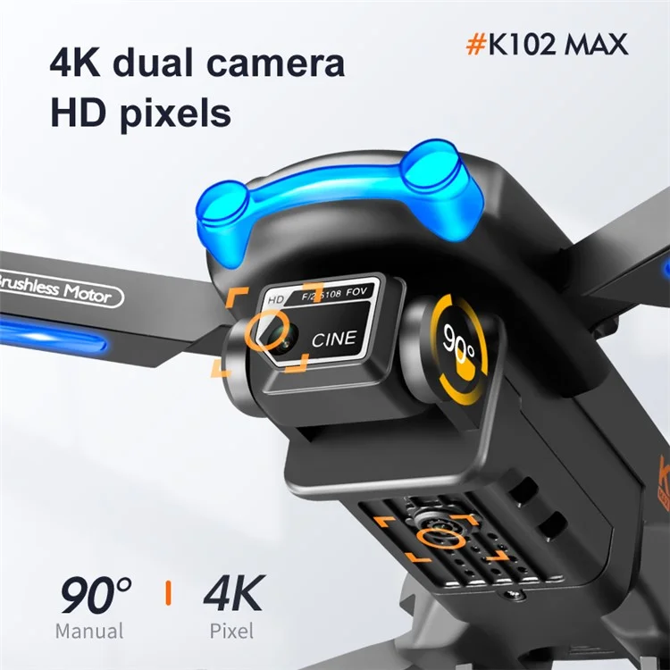 K102 MAX 4K HD Aerial Photo Drone Brushless Motor Folding RC Aircraft with Headless Mode, 1 Battery - Noir