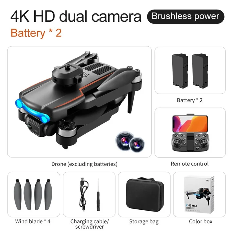 K102 MAX 4K HD Aerial Photo RC Drone Obstacle Avoidance Brushless Motor Folding Aircraft, 2 Batterie - Nero