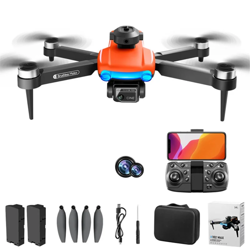 K102 MAX 4K HD Aerial Photo RC Drone Obstacle Avoidance Brushless Motor Folding Aircraft, 2 Batteries - Orange