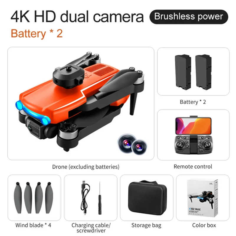 K102 MAX 4K HD Aerial Photo RC Drone Obstacle Avoidance Brushless Motor Folding Aircraft, 2 Batteries - Orange