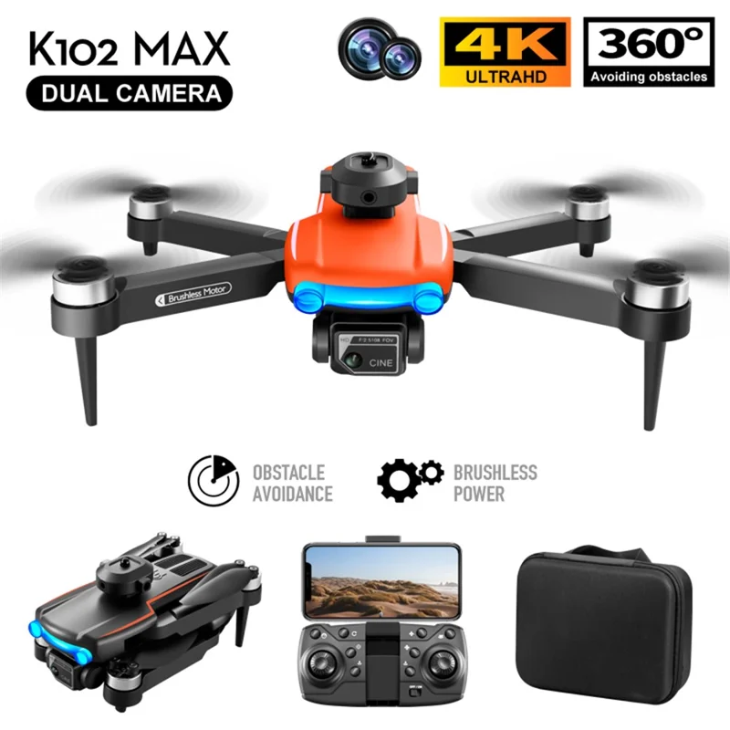 K102 MAX 4K HD Aerial Photo RC Drone Obstacle Avoidance Brushless Motor Folding Aircraft, 2 Batteries - Orange