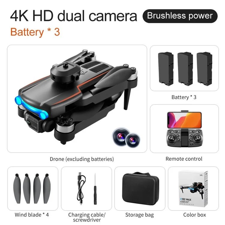 K102 MAX 4K HD Foto Aérea Dobrável Aeronave Brushless Motor Fluxo Óptico Posicionamento RC Drone, 3 Baterias - Preto