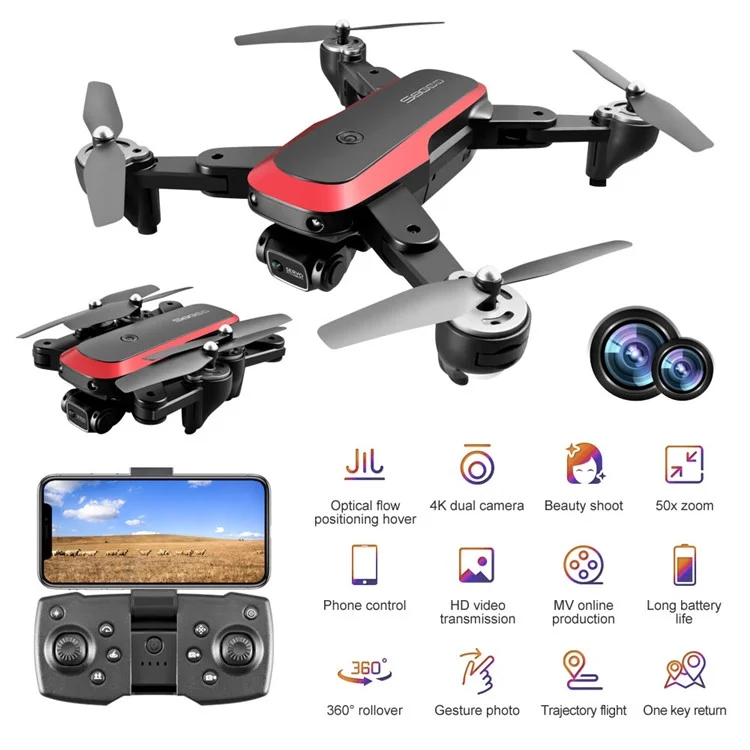 S8000 Aerial Photography Folding Drone 4K HD Dual Camera Optical Flow Positioning RC Quadcopter with 1 Battery - Schwarz / Rot