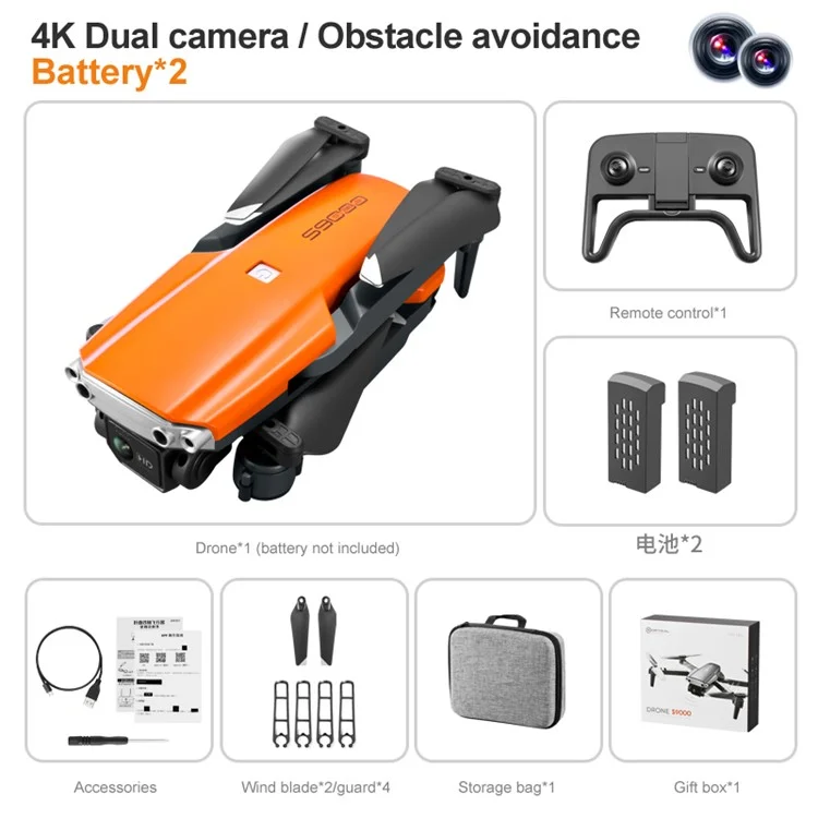 S9000 Aerial Photography Drone Optical Flow Positioning Obstacle Avoidance 4K RC Quadcopter with 2 Batteries - Orange
